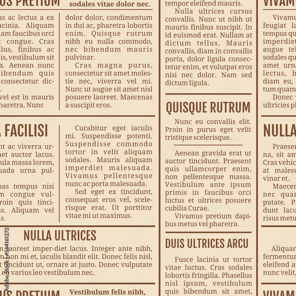 Fototapeta premium Old newspaper seamless pattern, vector background of vintage newsprint paper page texture. Newspaper, newsletter, magazine or journal text print with columns, articles and titles of daily news