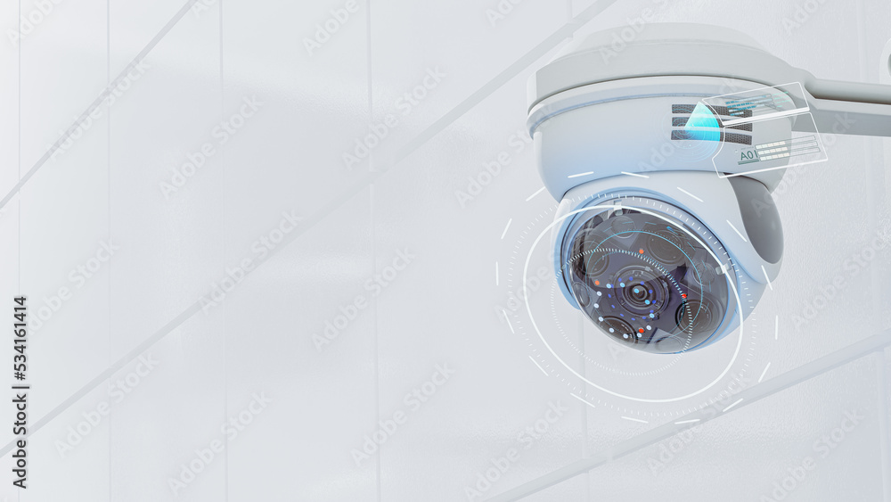 Futuristic security CCTV camera with Motion sensor. Scan the area for surveillance purposes. technology and innovation concept. 3D Render