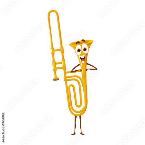 Cartoon musical trombone character. Isolated vector horn, wind instrument personage. Brass pipe for music school, concert performance. Funny trumpet with happy face