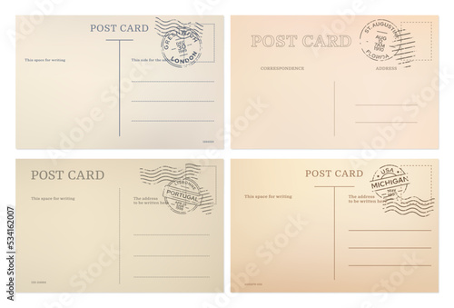 Vintage postcard, post card templates with postal stamps, vector backgrounds. Old retro postcard backsides from London, Lisbon, Michigan and Florida, blank mail postage and travel post cards photo