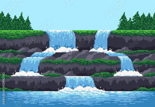 8 bit pixel game waterfall cascade landscape, vector background for video arcade game level. 8bit river water fall from mountain or sea cave cascade, ocean island with forest trees for pixel landscape