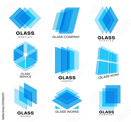 Glass icons, window service and construction works, vector blue square glass symbols. Modern geometric shapes, abstract polygon transparent glass icons for building or digital technology