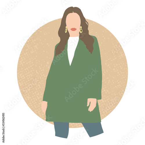 Beautiful girl posing, plus size woman model wears green coat silhouette