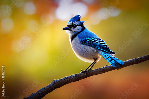 3d illustration of tiny blue jay on a branch in autumn forest