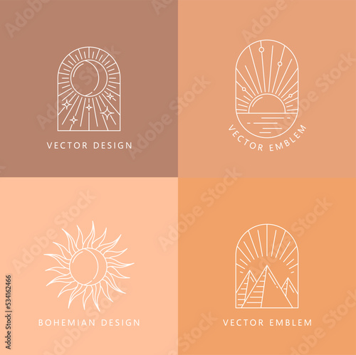 Boho sun, moon and pyramids with stars, vector outline icons. Bohemian linear emblems design of sunlight, moon and Egypt pyramids for mystic or esoteric doodle of magic Boho symbols