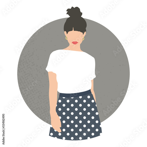 Young girl wears polka dot skirt, lady with a hair bun hairstyle, beautiful woman silhouette