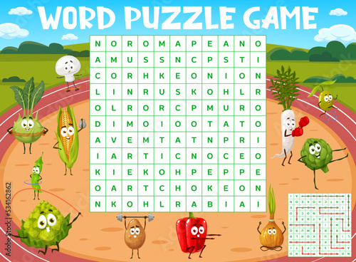 Cartoon vegetable characters on sport stadium, word search puzzle game, vector quiz grid. Kids word search worksheet with potato and corn with gym barbel, daikon boxing and mushroom on skateboard