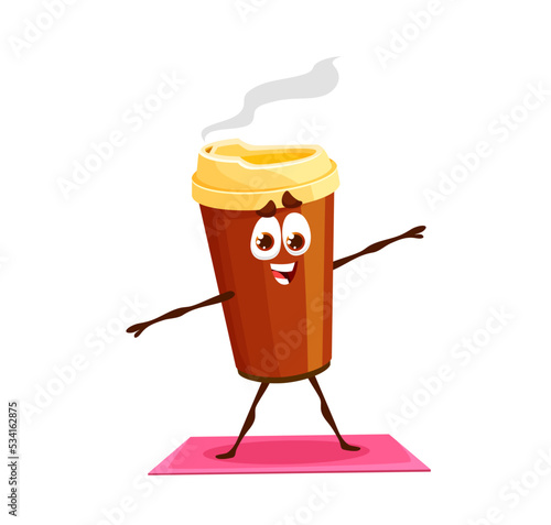 Cartoon coffee character on yoga fitness. Takeaway coffee paper cup with lid funny character, isolated happy smiling fast food hot drink vector personage doing exercises or yoga on fitness mat