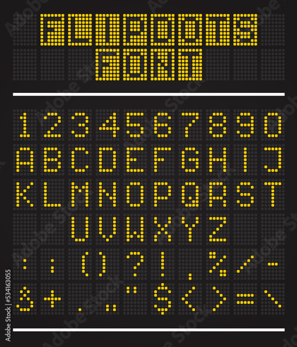 Flipdots scoreboard font, LED dots alphabet or airport digital display letters, vector panel. Scoreboard font with flip dot numbers, or electronic timetable type with LED diode lamp digits