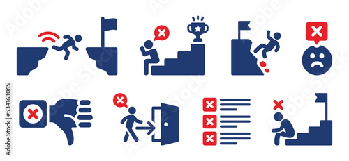 Fail or failure icon set isolated on white background. Man falling down, loser and mistake symbol.