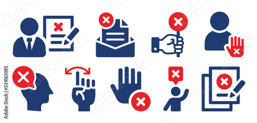 Refuse or reject icon set. Containing decline document, cross sign, disagree man, stop hand and disapprove contract icons. Vector illustration.