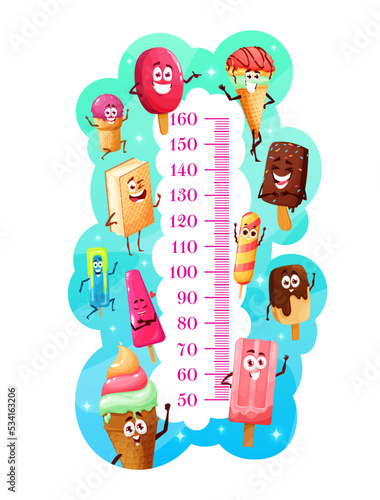 Kids height chart with cartoon ice cream cones, vector growth meter or child measure ruler. Kid height tall chart with cartoon frozen ice cream desserts with chocolate and fruit gelato in wafer cones