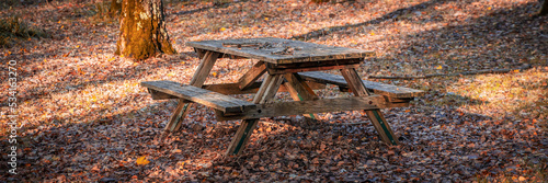 Fototapeta Naklejka Na Ścianę i Meble -  Wooden picnic table on a fall day