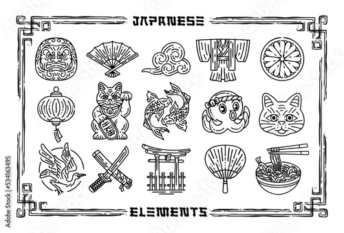 set of japanese asian elements. Collection of japanese illustration : daruma, folding fan, cloud, kimono, sun, lampion, maneki neko, koi fish, octopus takoyaki, cat head, swan, katana, Torii, ramen.  photo