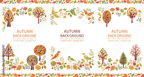 秋の紅葉・落ち葉・小鳥のイラストフレームセット　縦