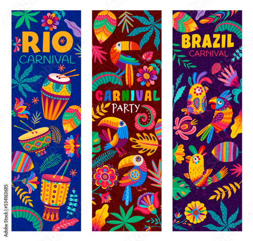 Brazilian Rio carnival party banners, cartoon toucan and parrot birds, drums, flowers, lianas and plants. Vector Brazil carnival of samba dance and music, Rio de Janeiro festival, holiday poster photo