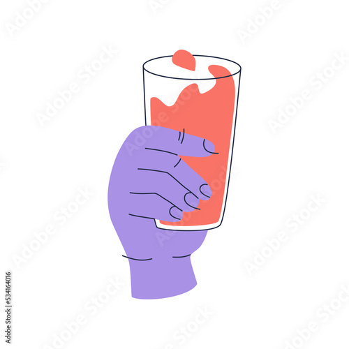 Human hand holds a glass with red drink. Hand drawn color vector illustration isolated on white background. Modern flat cartoon style