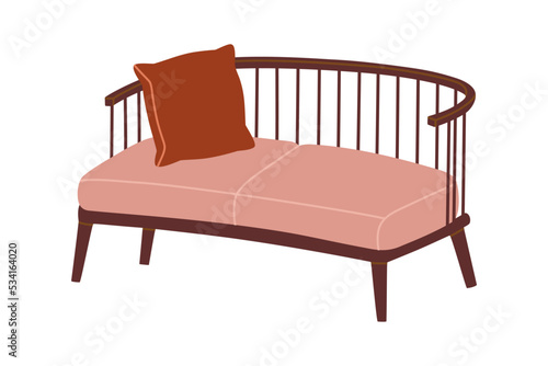 Comfortable sofa with pillow in retro scandinavian style. Soft furniture for cozy home decoration. Hand drawn colored vector illustration isolated on white background. Modern flat cartoon style