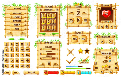 Bamboo jungle game interface, ui game buttons, gui elements of game asset. Menu buttons and progress bars vector frame of bamboo wood stalks and leaves. Mobile, web app user interface screen