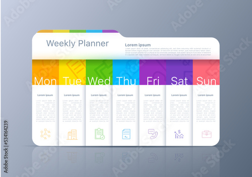 Week timeline planner schedule, diary calendar. Vector weekly seven days timetable template from Monday to Sunday. 3d business layout design, infographics chart or folder with marketing icons