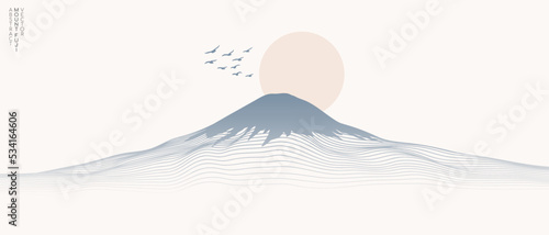 Vector abstract art Mount Fuji Japan landmark, landscape mountain with birds and sunrise sunset by blue line art texture isolated on pastel earth tone beige colors background. Minimal vintage style.