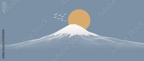 Vector abstract art Mount Fuji Japan landmark, landscape mountain with birds and sunrise sunset by white line art texture isolated on pastel earth tone blue colors background. Minimal style.