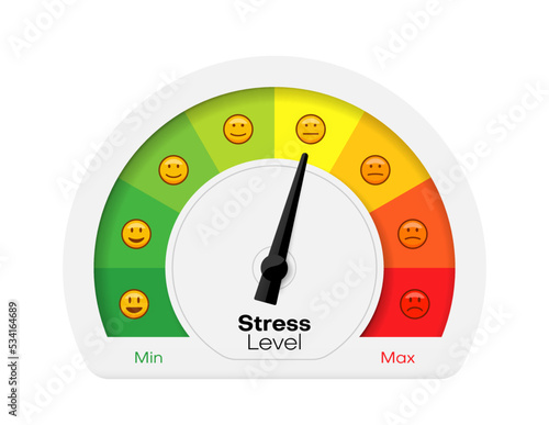 Pain and stress measurement scale, emotion health assessment meter, vector level chart. Pain scale and stress level measure rating arrow from minimum to maximum emotion anxiety grade indicator