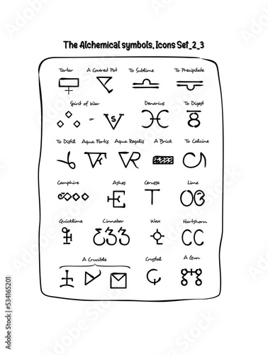 Set two of Three, an alphabets isolated on white background Alchemical visual icons set. Alchemy signs design