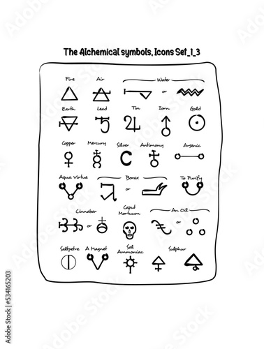 Set one of three, Hand drew a vector of the alchemical symbols and alphabet on the theme of mysticism. esoteric, occult icons
