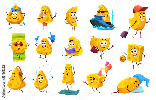 Fototapeta Naklejka Na Ścianę i Meble -  Cartoon cheese characters on sport, relax and leisure, education and fitness, vector personages. Funny cheese lumps or pieces with holes on sport, yoga and playing ball, summer vacation and travel