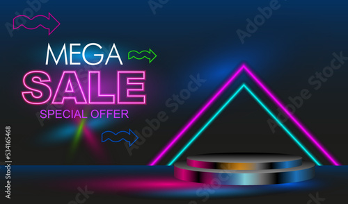 Super sale banner template design for promotions on a dark background, neon lights. 3d image.