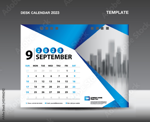 Calendar 2023 template vector- September 2023 year, Desk calendar 2023 design, Week starts Sunday, Planner, Stationery design, flyer design, Calendar printing design, Blue polygonal background concept