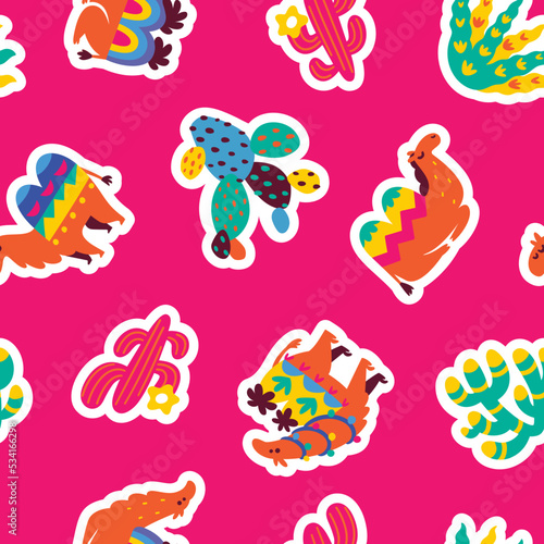 Seamless pattern with flat cartoon camels and succulents stickers. Vector illustration