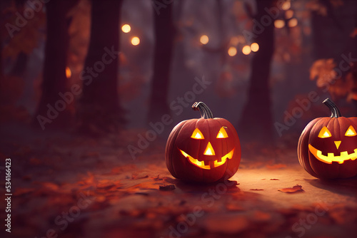 Horror Cute Halloween Pumpkin Lantern Close up Landscape Background Art Hyper Detail 3D Illustration