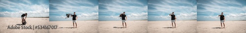 A motion series of a young white man jacking up his backpack at sand beach on the Northsea coast of the german island Juist. Blue clouded sky. Dynamic movement. photo
