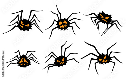 A set of spider doodles, a vector image of a black silhouette of spiders. © Vera