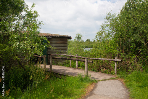 Entrance to bird observation hut; National Park De Groote Peel, Nederweert, Limburg, Netherlands