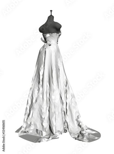 Polygonal model of a white wedding dress on a dark mannequin isolated on a white background. Back view. 3D. Vector illustration.