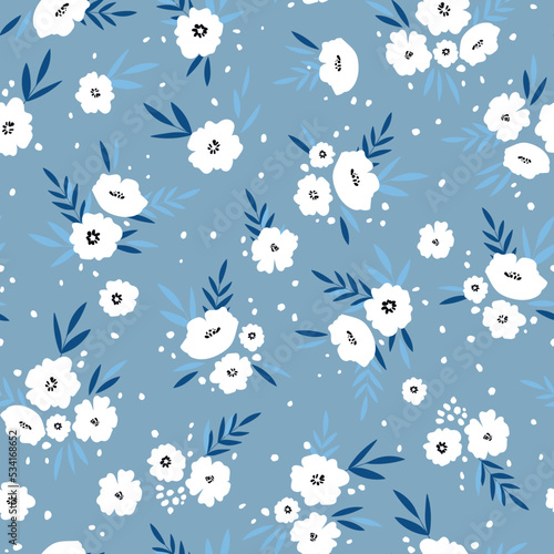 Seamless floral pattern based on traditional folk art ornaments. Colorful flowers on color background. Scandinavian style. Sweden nordic style. Vector illustration. Simple minimalistic pattern