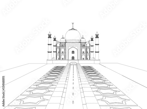 Outline of the Taj Mahal temple from black lines isolated on a white background. Front view. Vector illustration.