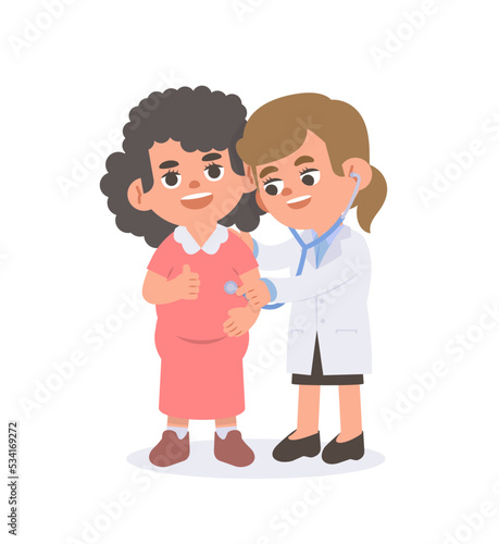 A pregnant checking up with woman doctor. illustration vector cartoon character design on white background. Medical concept.