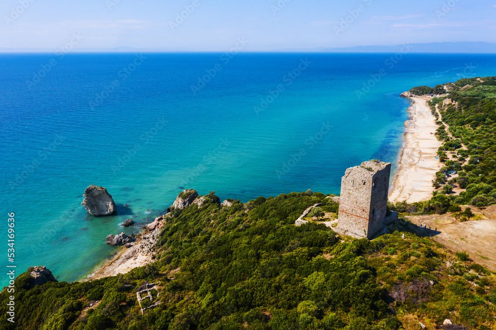 Aerial view of ruins of Apollonia tower in Greece