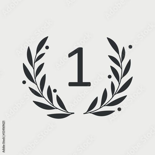 Wreath of laurel with number one. Black icon. Symbol of victory and success. Vector illustration 