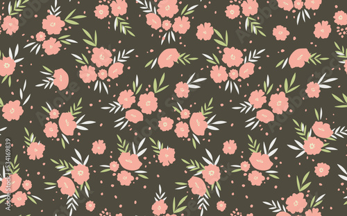 Seamless floral pattern based on traditional folk art ornaments. Colorful flowers on color background. Scandinavian style. Sweden nordic style. Vector illustration. Simple minimalistic pattern