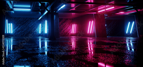 Fototapeta Naklejka Na Ścianę i Meble -  Wet Rough Floor Neon Blue Purple Stage Tunnel Blade Runner Basement Bunker Underground Cyber Sci Fi Futuristic Rock Wall Concrete Parking Showroom Grunge Car Metal Door Corridor 3D Rendering