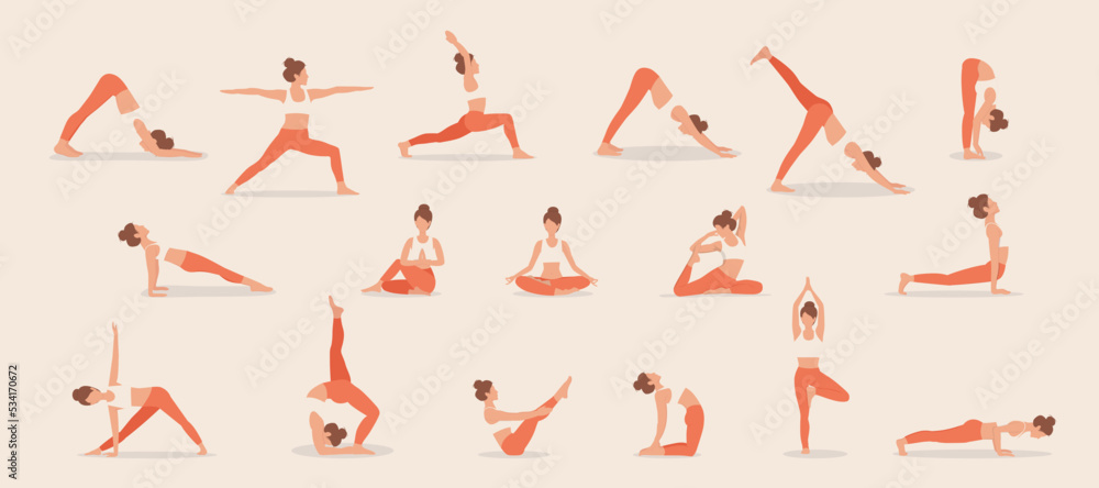 Vetor de Set of poses woman doing yoga and fitness. Collection of