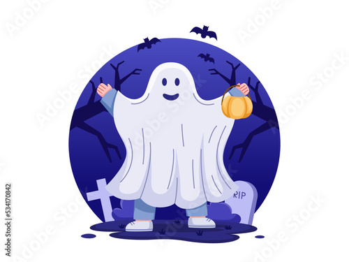 illustration of people dressed in ghost costumes on halloween.
People celebrate Halloween by wearing ghost costumes.
Suitable for greeting card, postcard, banner, web, landing page, etc