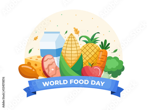 16th October World Food Day Illustration With Various Food, Fruits, and Vegetables.
Happy World Food Day.
Suitable for banner, poster, web, etc
