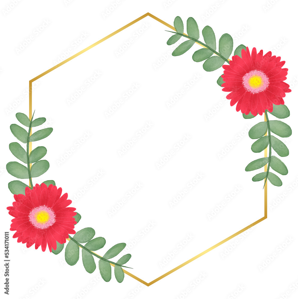 Obraz premium Polygon Gold Frame with Flower and Leaf