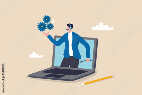 Support staff help fixing technical problem, help desk or operator with phone call or chat to assist customer concept, helpful man with headset talking with customer help solve computer problem.